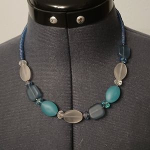 vintage blue white sea glass beaded necklace lobster clasp